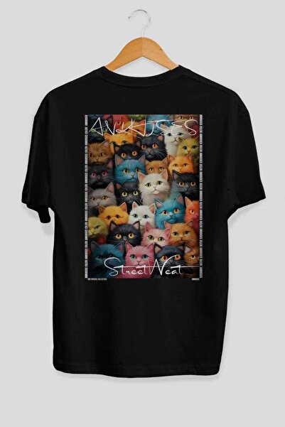 Ankhises For the Sake of Cats 19 Cats Printed Black Oversize T-Shirt 100% Cot...