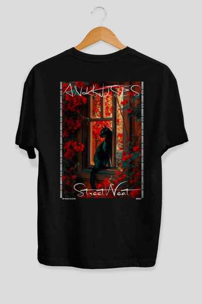 Ankhises For the Love of Cats 85 Cat Printed Black Oversize T-Shirt 100% Cott...