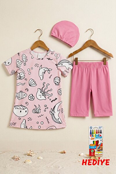 ZUZUNGA Girls' Paintable 3-Piece Swimsuit Set - 6-Piece Washable Crayon Gift Set