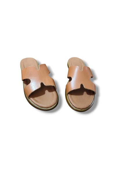 BARONES SHOES Women's Brown Genuine Leather H-Band Flat Sole Slippers