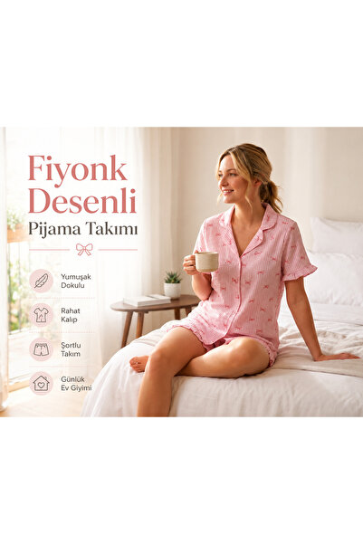 Nior iç giyim Pink Bowknot Pattern Short Sleeve Women's Pajama Set, Striped S...
