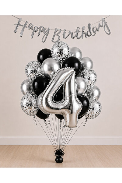 Balonsan -4- Age Silver Happy Birthday Banner Themed Balloon Bundle 15 Pieces