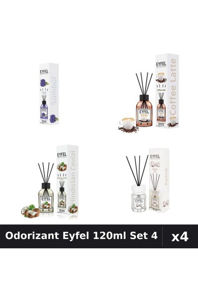 Eyfel Set 4 Odorizant Camera Betisoare 120ml - Zambile, Cafea, Nuca Cocos, Bu...