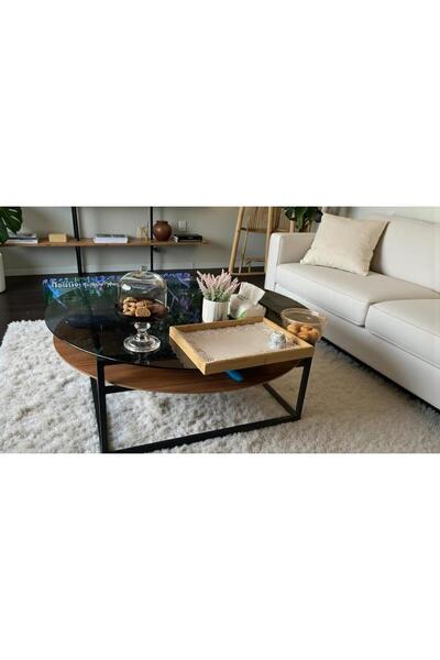 Tables Round Coffee Table Wood and Glass Diameter 80 cm - Rakenmanar Furnitur...
