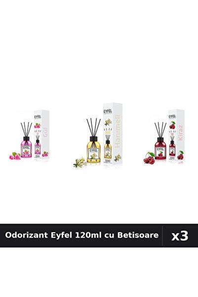 Eyfel Set 3 Odorizant Camera cu Betisoare 120ml - Trandafir, Cireșe, Mâna Maicii