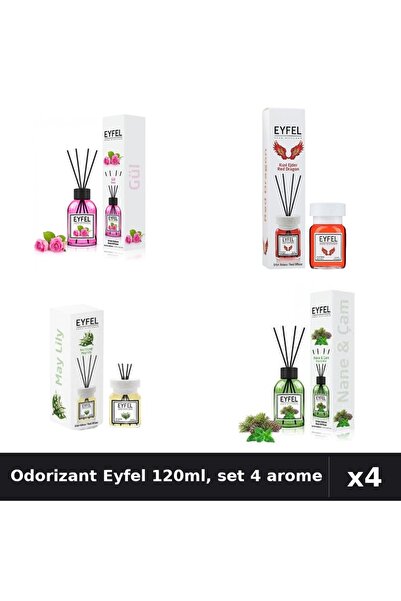 Eyfel Set 4 Odorizant Cameră Betișoare 120ml - Trandafir, Red Dragon, Lacrami...