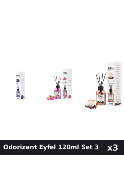 Eyfel Set 3 Odorizant Camera cu Betisoare 120ml - Zambile, Trandafir, Cafea