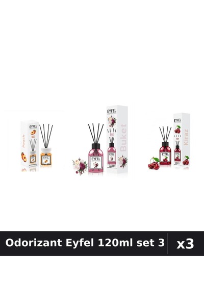 Eyfel Set 3 Odorizant Camera cu Betisoare 120ml - Piersică, Bouquet, Cireșe