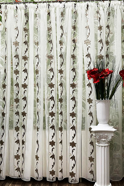 Liz Line Mechanically embroidered curtain, white/brown color, from the "Roses...