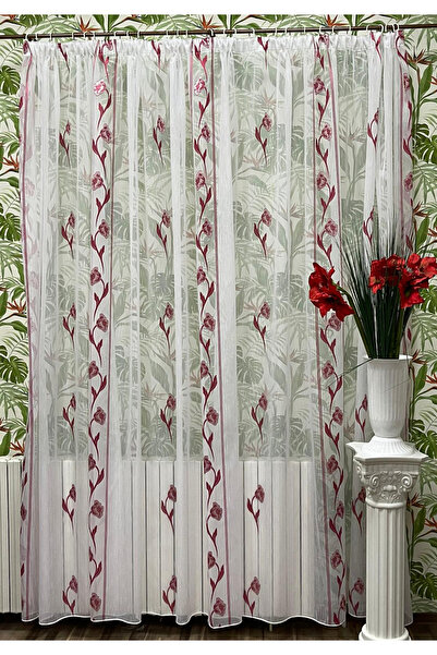 Liz Line Mechanically embroidered curtain, white/light red color, from the "R...