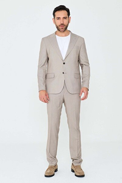 White Stone Beige Striped Pointed Collar 6 Drop Regular Fit Casual Suit