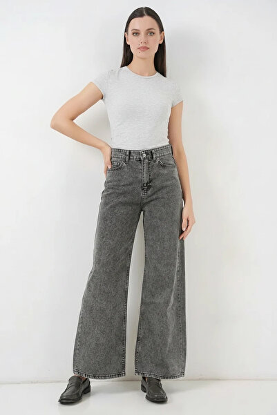 buğrahayalin Women's High Waist Denim Wide Leg Gray Palazzo Pants