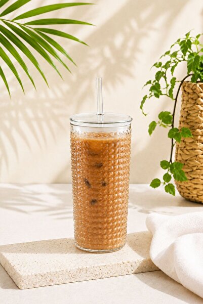 Karçiçeği Home Glass Cup with Straw and Lid – Embossed Patterned Cold Coffee ...