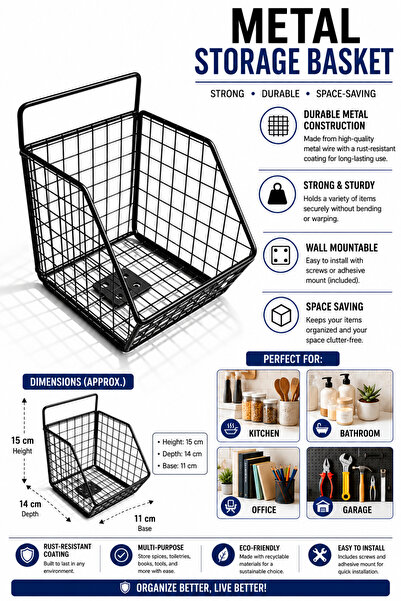 Denx Wall Mounted Metal Storage Basket Kitchen Organizer Rack Fruit & Vegetab...