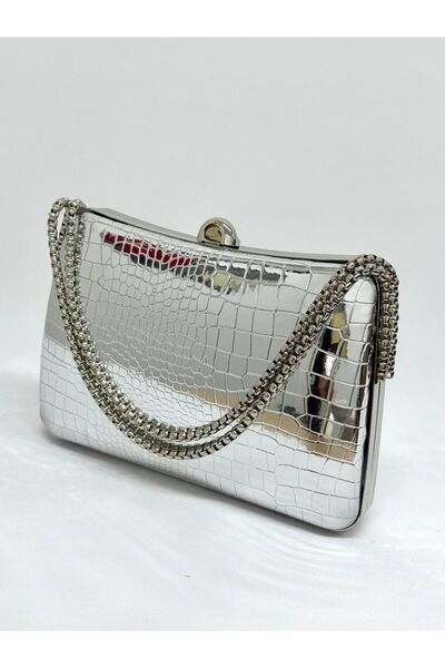NAZART Women's Crocodile Silver Evening Dress Clutch Chain Strap Hand and Sho...