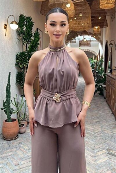 Dipmoda بدلة نسائية فاخرة من فرو المنك بياقة هالتر وحزام خصر مزخرف واسع الساق...