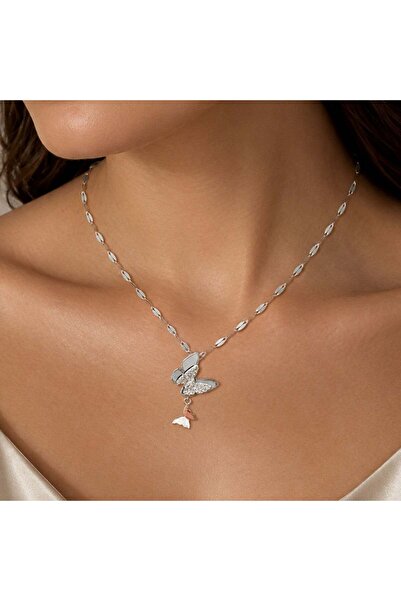 Bk Gift Women's Necklace with Butterfly Figure and Hanging Stones - Non-Tarni...