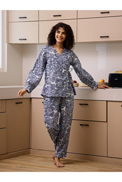 Sanskrutihomes By Styli Blue Floral Print Cotton Wrap Top and Pyjama Set
