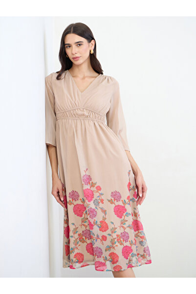 Styli Beige Floral Midi Dress with 3/4 Sleeves