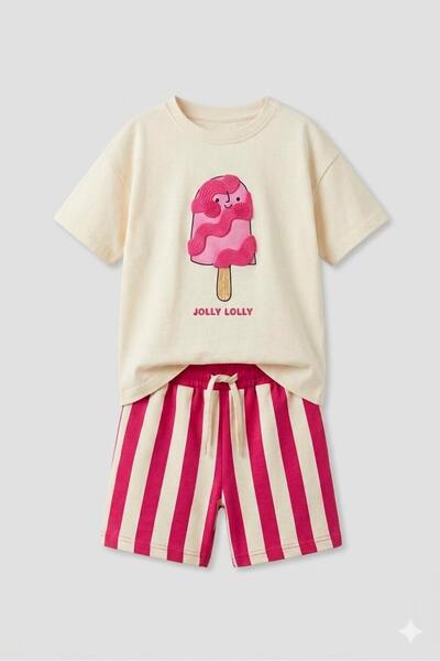 YİGİT BUTİK Set de vară pentru fete, tricou și pantaloni scurți cu imprimeu î...