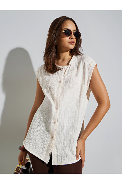Styli Cream Textured Sleeveless Shirt