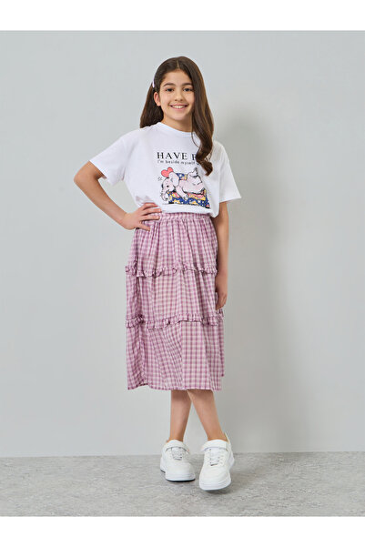Take Two By Styli Teen Girls Printed T-Shirt and Checked Ruffled Skirt Set
