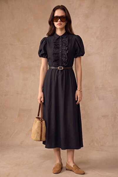 Bak'ap Premium Modal Balloon Sleeve Ruffled Belted Long Dress