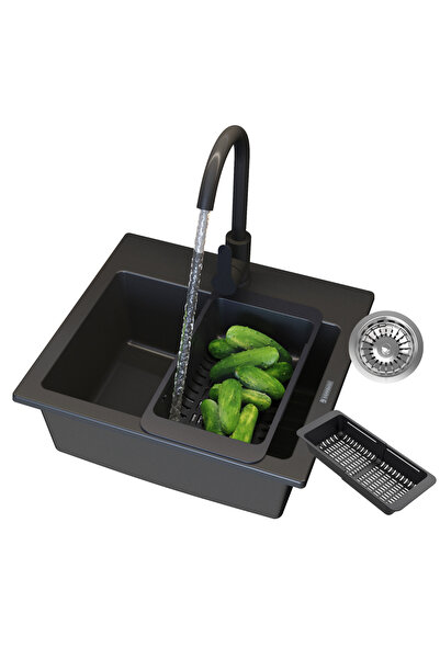 Granitan Chiuveta Granit TEOR Neagra, 44.2x41.5cm, pachet cu robinet PRESTIGE...