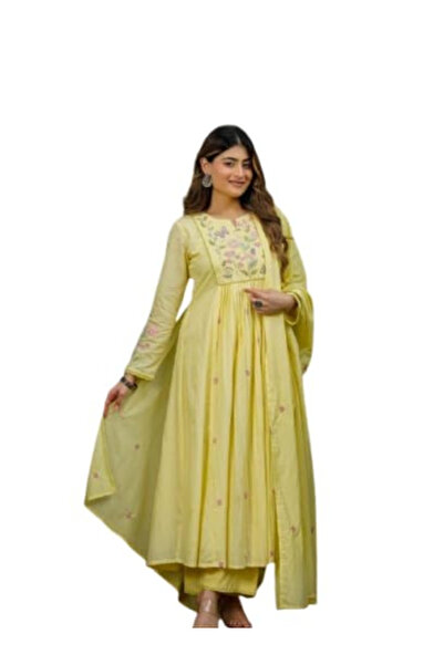 MYSMAR Yellow Chanderi Silk Embroidered Anarkali Kurta Set with Dupatta - FFT...