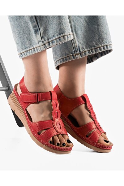 ALOGO Women's Red Sandals Made of Emai Ecological Leather