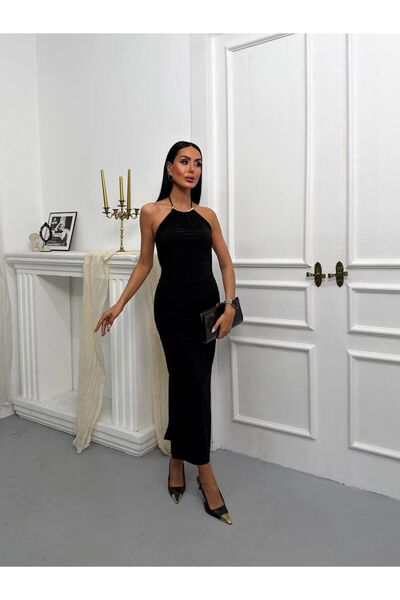 Gül Maison Rochie lungă neagră cu guler halter și drapaj
