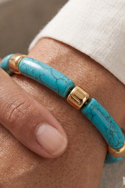 AURRARİ Blue Patterned Stone Gold Cylinder Detailed Bracelet