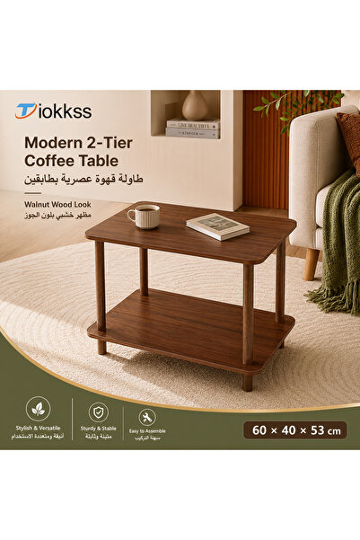 Tiokkss Modern 2-Tier Walnut Coffee Table, Rectangular Sofa Side Table With O...