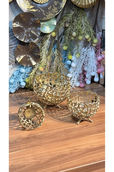 city gold 3’Lü Gold Pirinç Mumluk Dekorasyon, Dekoratif & Obje ve Biblo