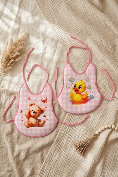 Babydonat Set of 2 Pink Gingham Liquid-Proof Baby Bibs - 6-18 Months Cute Ted...