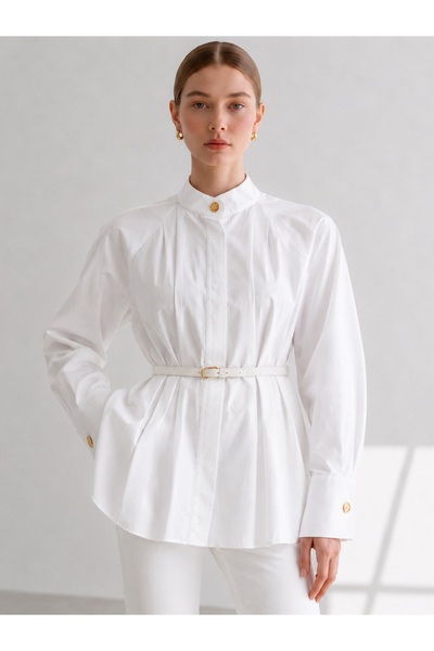 S Modest Collection Pamuklu Gold Düğme Detaylı Kemerli Poplin Gömlek Tunik