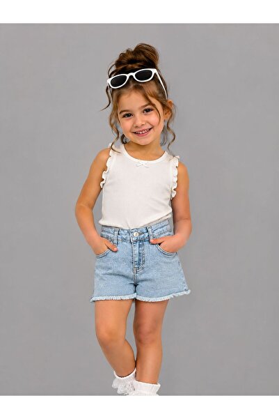 Esprix Kids Girl's Stone Detailed Denim Shorts with Tassel Hem High Waist Sum...