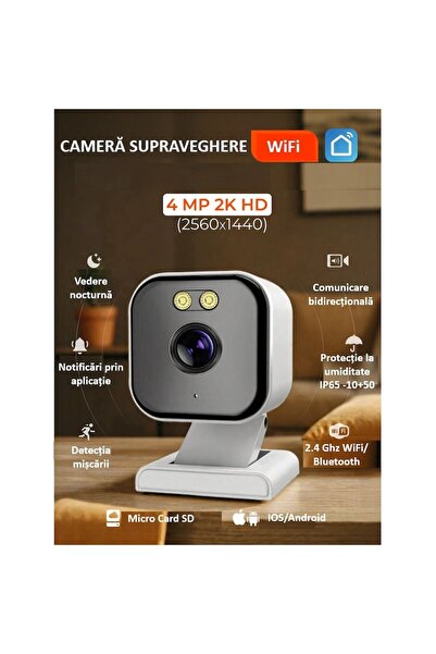 SINZO Cameră de supraveghere WIFI 4MP 2K cu detecție mișcare, viziune nocturnă color, audio bidirecțional, Alexa, slot SD, albă