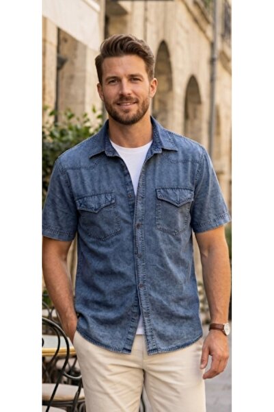 MODA Navy Blue Jean Color Linen Double Flap Pocket a Quality Men's Shirt