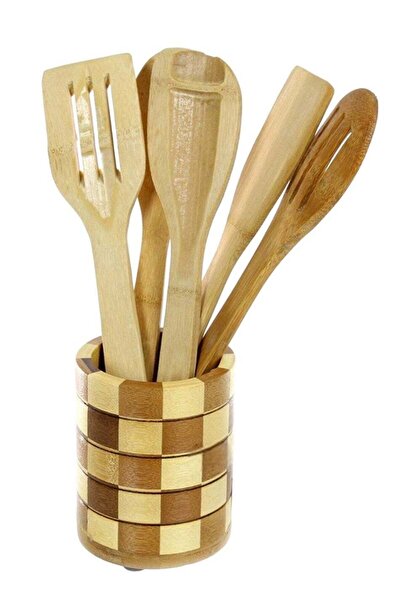 Generic Set Of 6 Pcs Wooden Spoons for Cooking With Stand, Brown