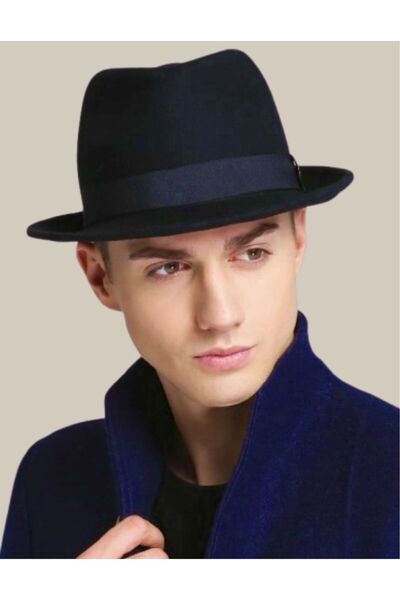 Confortino Men's luxury felt hat - Made in ROMANIA - navy blue hat, 5 cm brim...