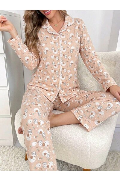 BIT1 Bet1 Women's 2-Piece Pajama Set Cute Cat and Floral Print Shirt and Pants