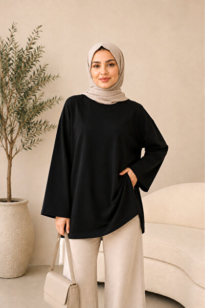 SADEL Oversize Yakası Yuvarlak Tunik - Siyah