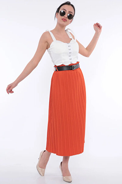 FIRST STYLE Turkish Bilekseh High Waist Brick Red Skirt with Leather Belt for...