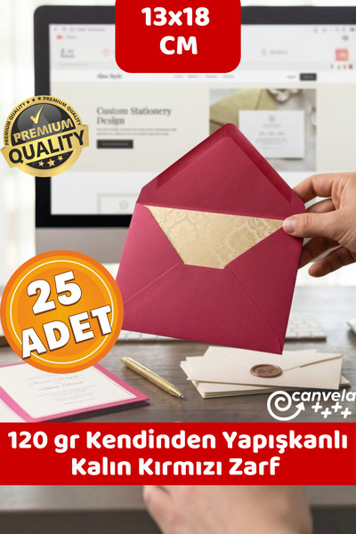CANVELA 120 Gr. Kalın Premium Yapışkanlı Kırmızı Zarf 13x18 cm Mektup Kartpos...