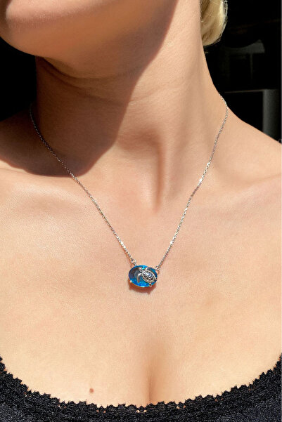 Spossy Silver Jewelry 925 Ayar Gümüş, Silver, Aqua Taşlı Kaplumbağa Kolye