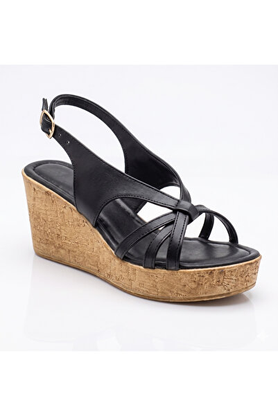 guijarro Women's Black Minimal Striped Wedge Heel Sandals - 6 cm Cork Sole-Bo...