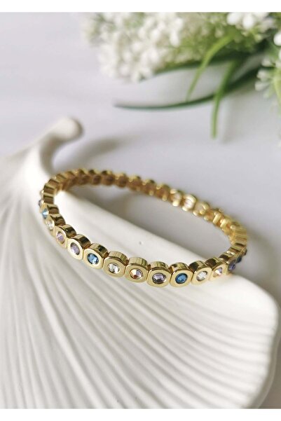 Halley Concept Colorful Zircon Stone Steel Bracelet – Elastic Gold Design