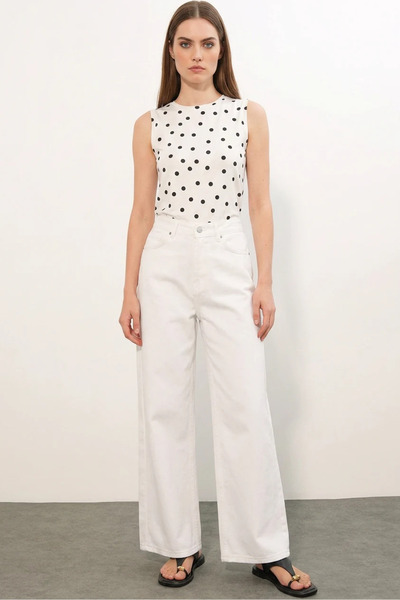 Efnaz style Women's Round Neck High Waist Dotted Pattern Denim Wide Leg White...