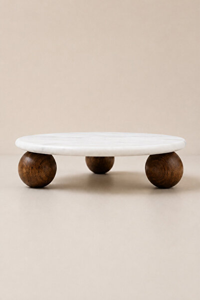 NESS HOME Round Acacia Ball Footed Marble Breakfast Serving Plate 25 cm